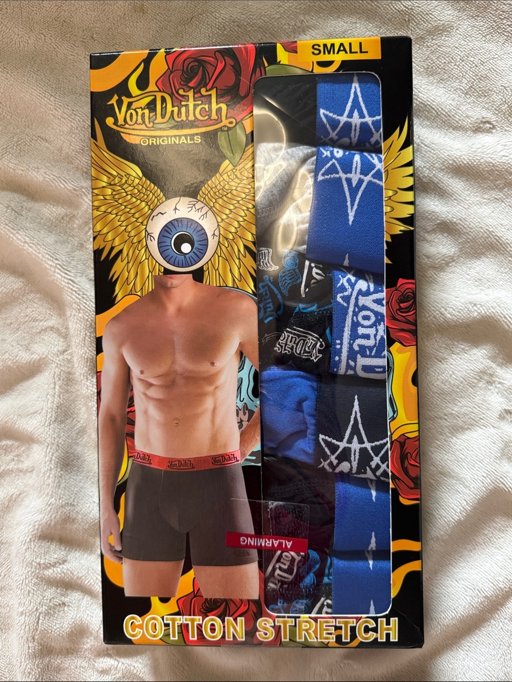 Von Dutch Blue and Black Cotton Stretch Boxer Briefs - Small (6 pack in a box)
